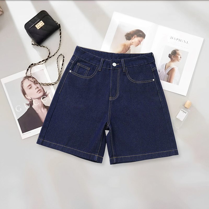深蓝色五分牛仔短裤女夏季新款2025年薄款设计感宽松显瘦阔腿中裤