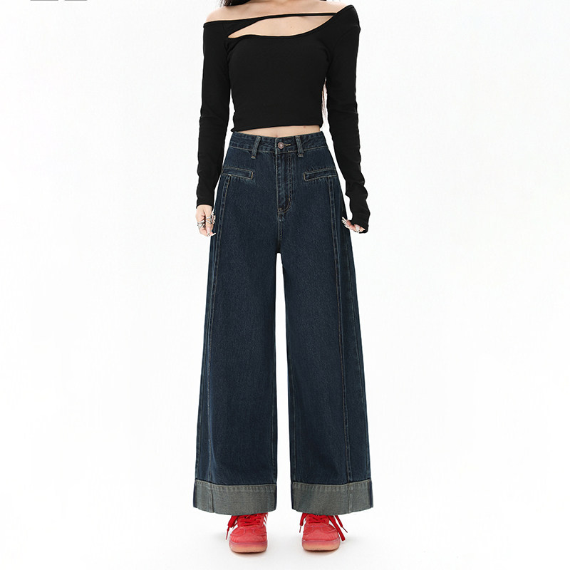 深蓝色卷边工装窄版直筒牛仔裤阔腿宽松女士法棍梧桐裤子秋季新款