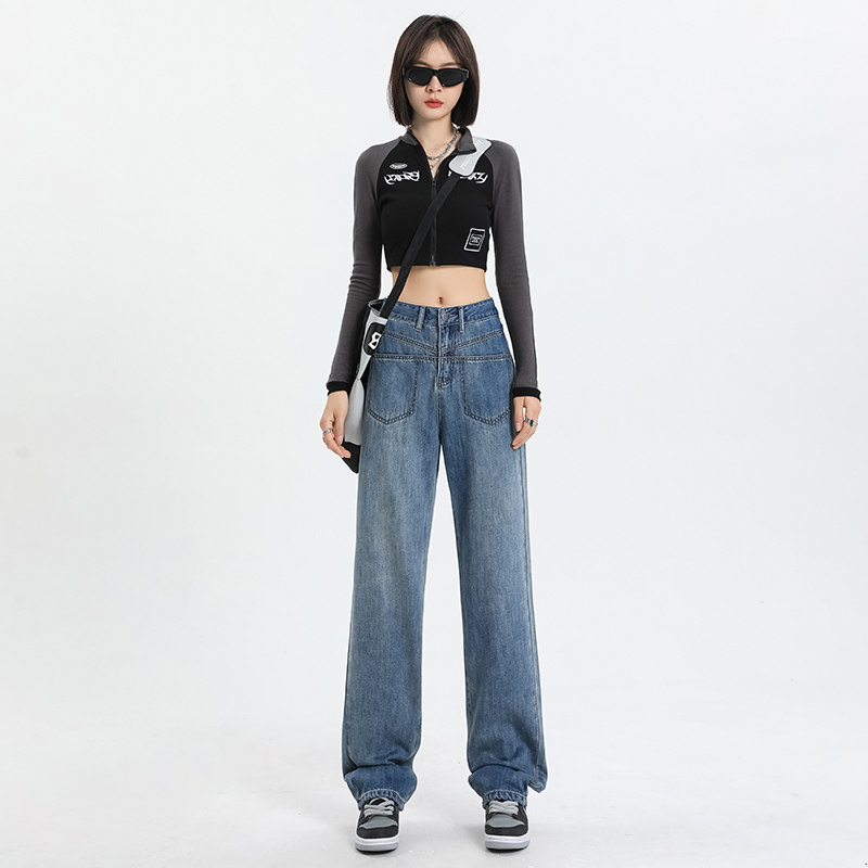 2025年秋季新款复古牛仔长裤女韩版高腰宽松设计感直筒阔腿拖地裤