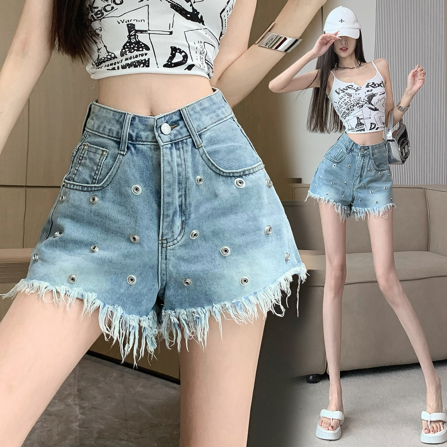 实拍~复古蓝毛边直筒牛仔短裤女夏季铆钉高腰宽松百搭a字阔腿热裤