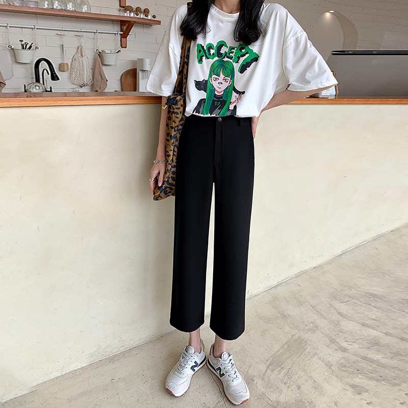 小个子阔腿西装裤女春秋高腰垂坠感直筒宽松黑色显瘦九分休闲裤夏