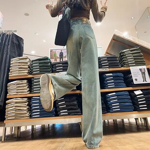 浅色直筒牛仔裤女秋季梨型身材穿搭小个子显瘦高腰垂感窄版阔腿裤