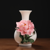 新中式 饰艺术品 手工玉壶春瓶牡丹陶瓷花瓶插花干花客厅酒柜家居装