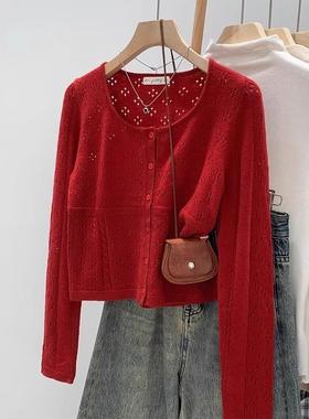 安可拉红色复古镂空洋气针织开衫女早春配吊带慵懒风短款上衣外套