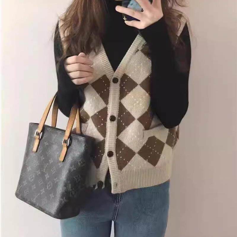 法式小众毛衣背心女外搭宽松慵懒风复古菱格v领针织开衫马甲外套