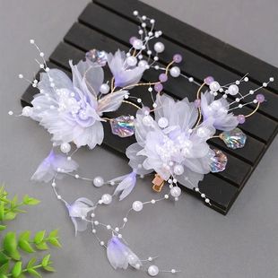 汉服头饰女款古风仙气紫色绢花发夹唐朝古典舞演出发饰古装配饰品