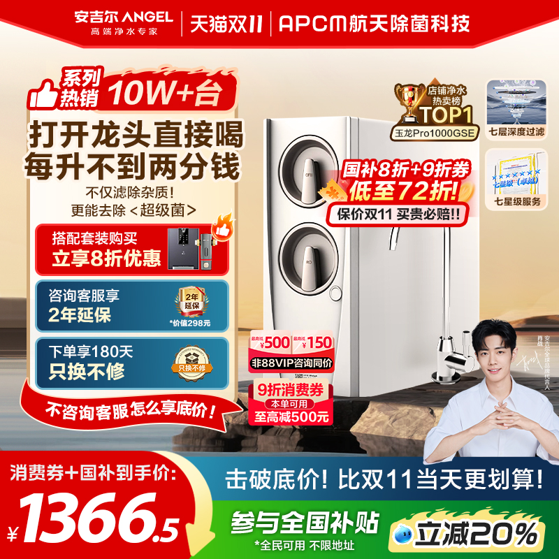 政府补贴安吉尔净水器家用直饮RO反渗透过滤净水机玉龙Pro1000GSE