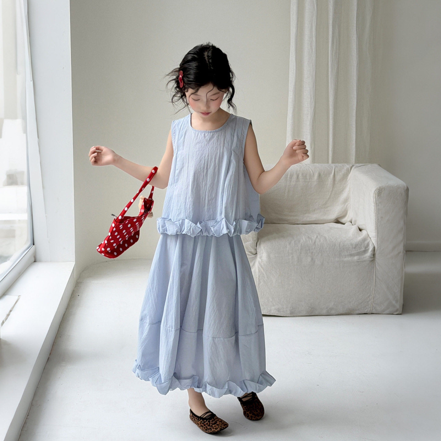 韩系甜美夏季女童无袖花苞裙套装