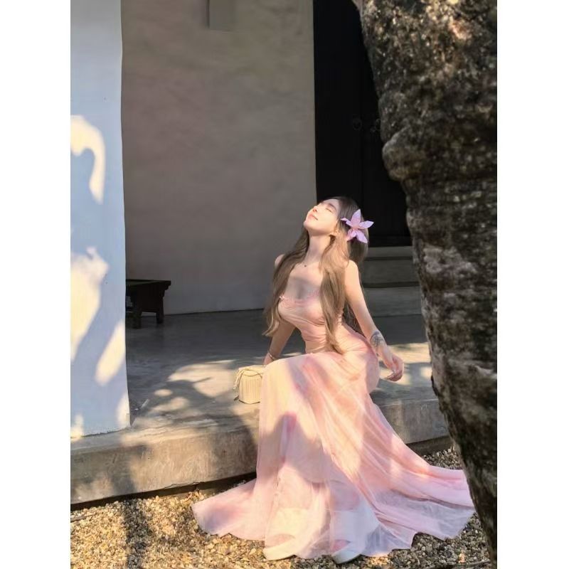 蕾丝拼接印花吊带连衣裙女夏季网纱鱼尾裙设计感收腰裙子包臀长裙