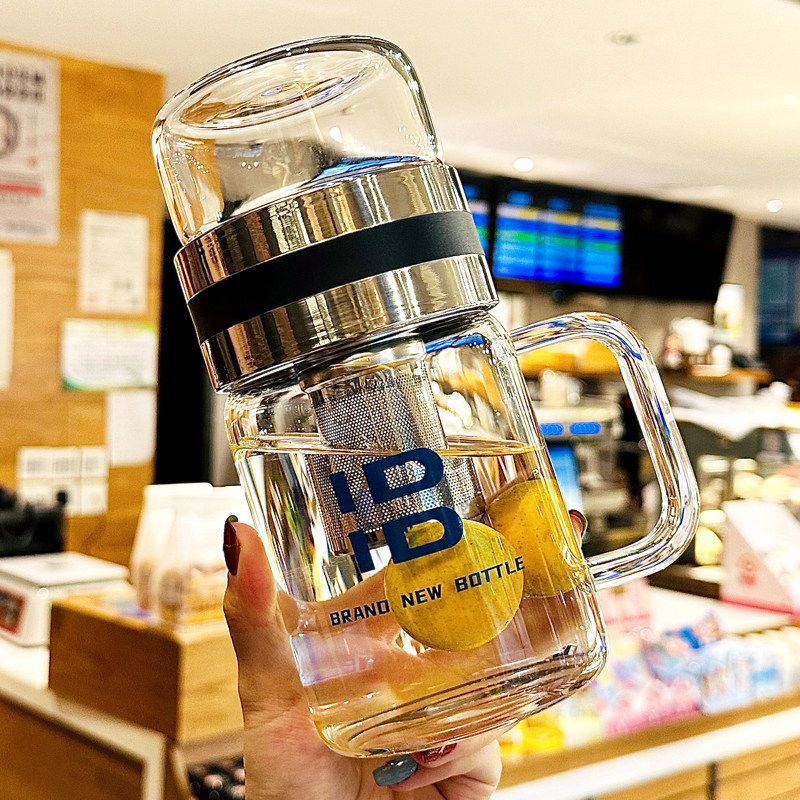 大容量带把手玻璃杯泡茶杯茶水分离男喝水杯子带盖子家用耐高温水