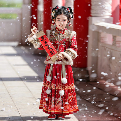 汉服女童公主裙套装冬装新款加绒儿童拜年服唐装古装演出服拜年服