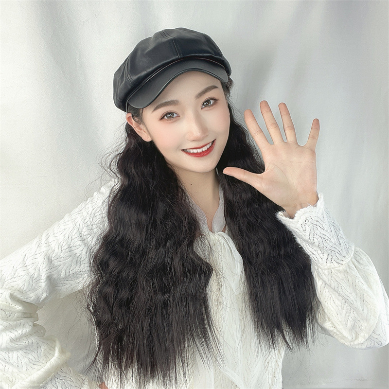 厂家批发网红PU八角帽假发女一体式长卷发仿真全头套支持一件代发