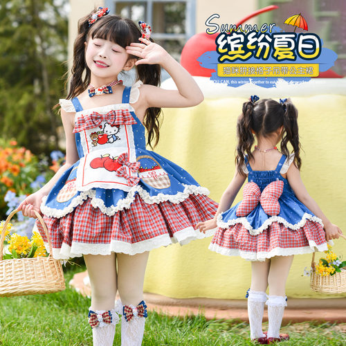 女童夏装lolita连衣裙儿童洋装公主裙波点吊带裙KT猫cos生日裙子