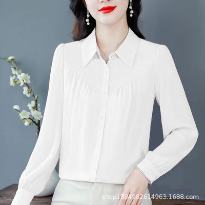 设计感褶皱长袖春季2025新款直筒翻领纯色打底气质外穿上衣女衬衫