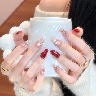 DLZ姜辣甜心手工定制穿戴甲秋冬红色新款 可拆卸 美甲新年喜庆短款