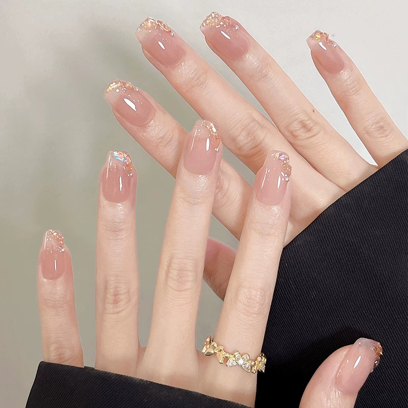 DLZ裸粉冰晶钻手工定制穿戴甲2025新款可定制美甲高级裸色指甲贴
