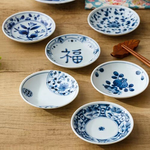 日本蓝凛堂青花家用福字调料碟子