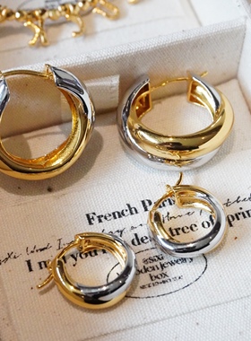 T.W新款通体925纯银镀18K金日常简约百搭高级感金银拼色双层耳圈