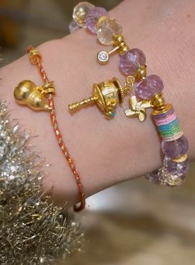 T.W新中式本命年红色编织绳手链古法黄金色葫芦叠戴手绳纯银饰品