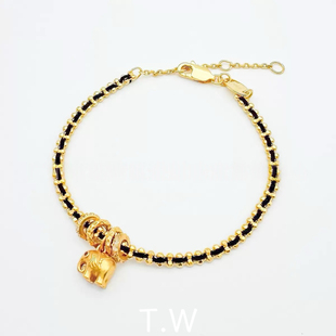 T.W原创925纯银镀22K金纯手工编织绳转运镶钻盘缠小象幸运手链女