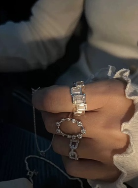 韩国maman通体925纯镶钻不掉色个性复古叠戴方形镶钻冰川叠戴戒指