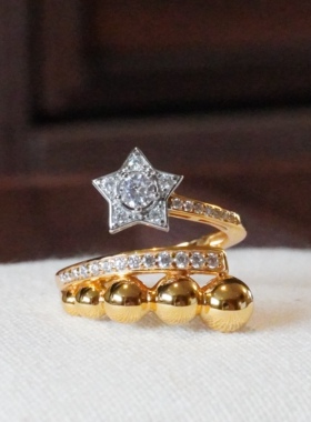 繁星点点T.W通体925银镀金镶嵌锆石轻奢高级法式优雅星星戒指开口