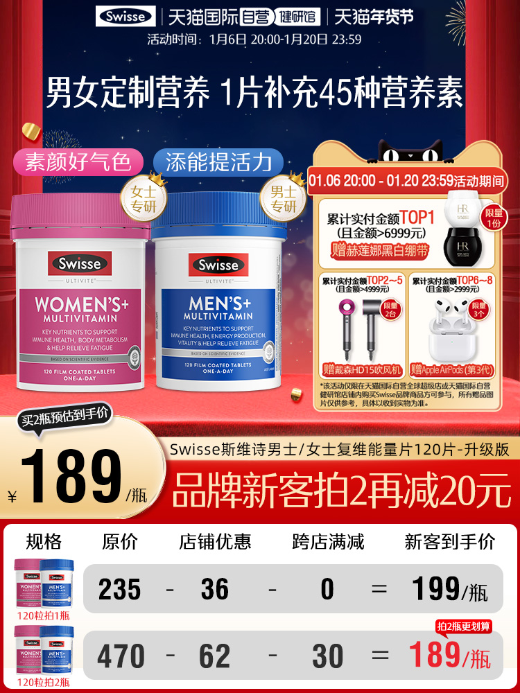 【自营】Swisse斯维诗女士男士复合维生素多维维e维b烟酰胺免疫力