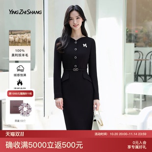 赢智尚晚礼服羊毛连衣裙2024冬季 收腰显瘦心型领黑色连衣裙 新款