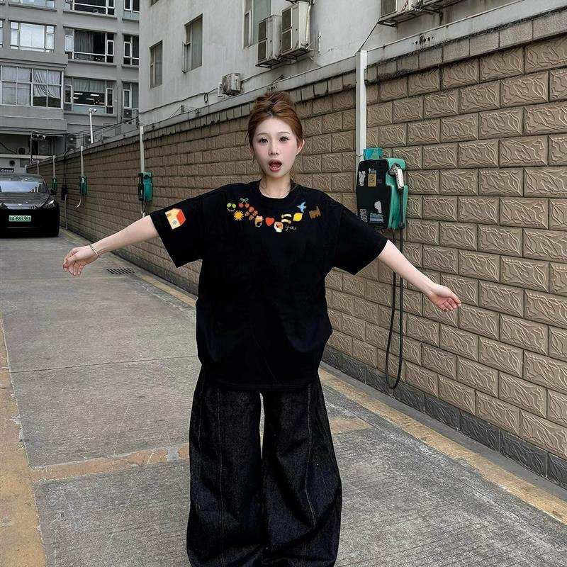 设计感小众美式短袖t恤女纯棉2025新款爆款夏宽松慵懒风半袖上衣