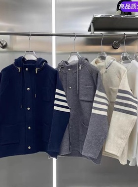 BEEWNE TB灰色连帽针织开衫外套女秋冬宽松慵懒风中长款加厚毛衣