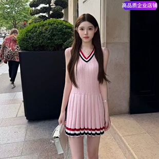 【赠运费险】THHB TB夏季V领针织连衣裙女无袖修身百褶裙气质洋装
