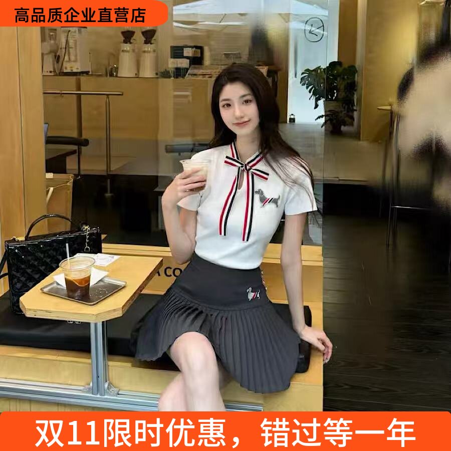 【赠送运费险】THHB TB翻领蝴蝶结系带针织Polo衫短袖小狗百褶裙