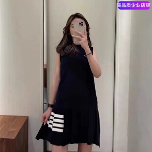 TB BROWIN背心裙夏季学院风百褶裙无袖A字型修身针织纯棉连衣裙潮