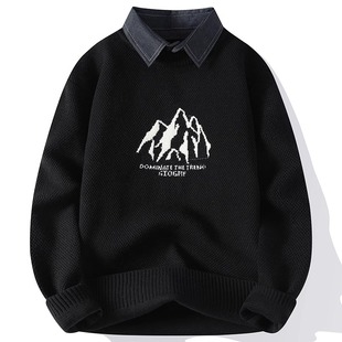 内搭打底线衫 领毛衣男秋冬加绒加厚假两件针织衫 300斤衬衫 特大码