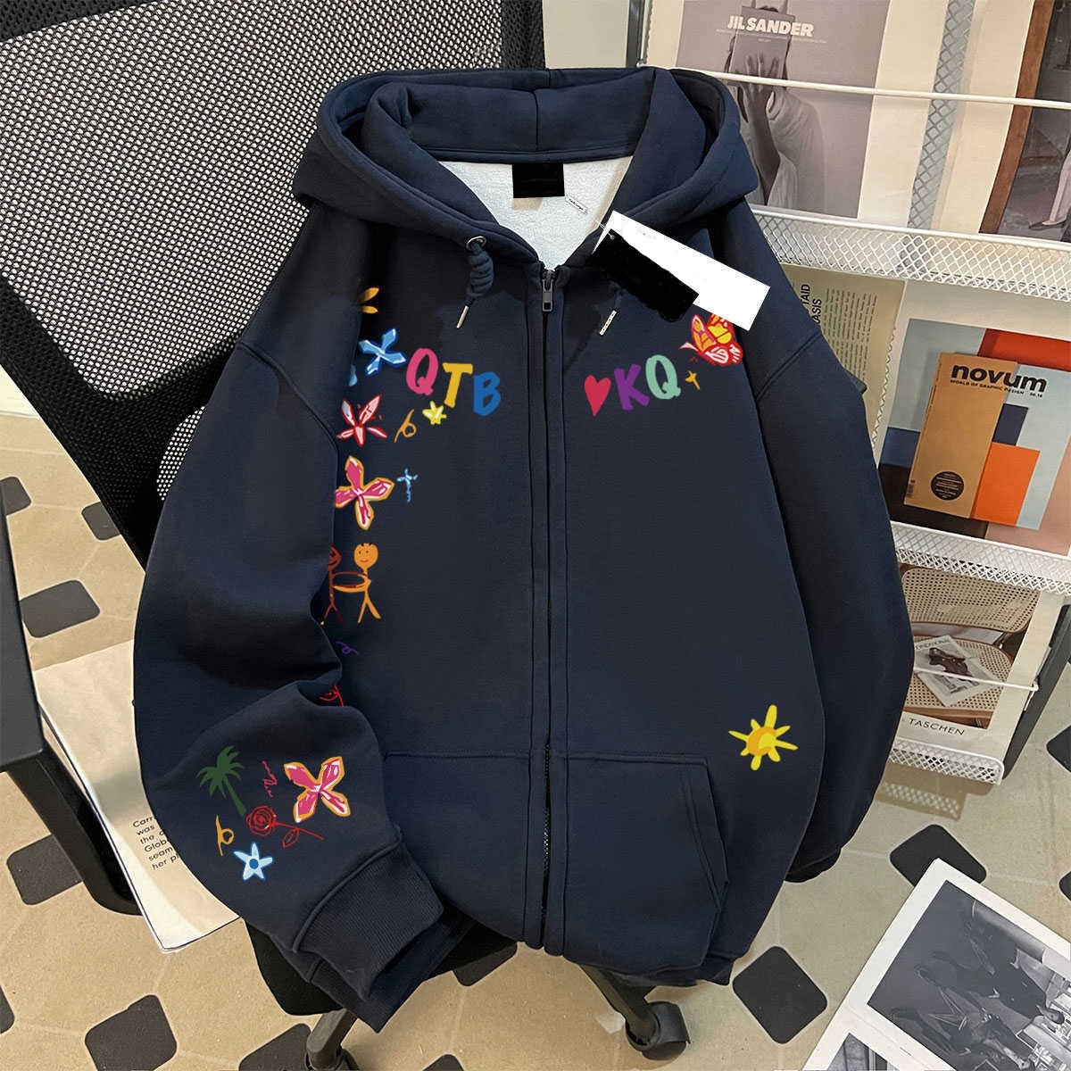 加大码300斤洋气蝴蝶花朵涂鸦印花开衫卫衣男女秋冬加绒连帽外套2