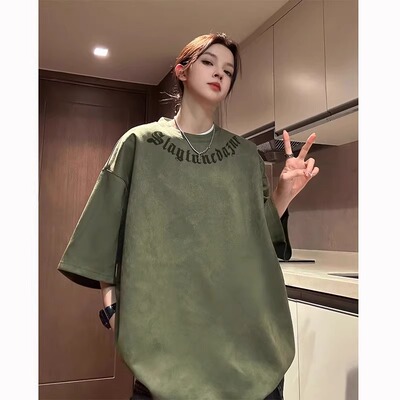 特大码300斤美式麂皮绒短袖t恤男