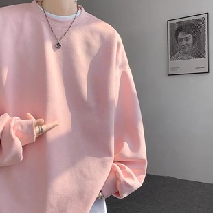 特大码 T恤情侣上衣 300斤多巴胺粉色卫衣男秋冬圆领宽松麂皮绒长袖