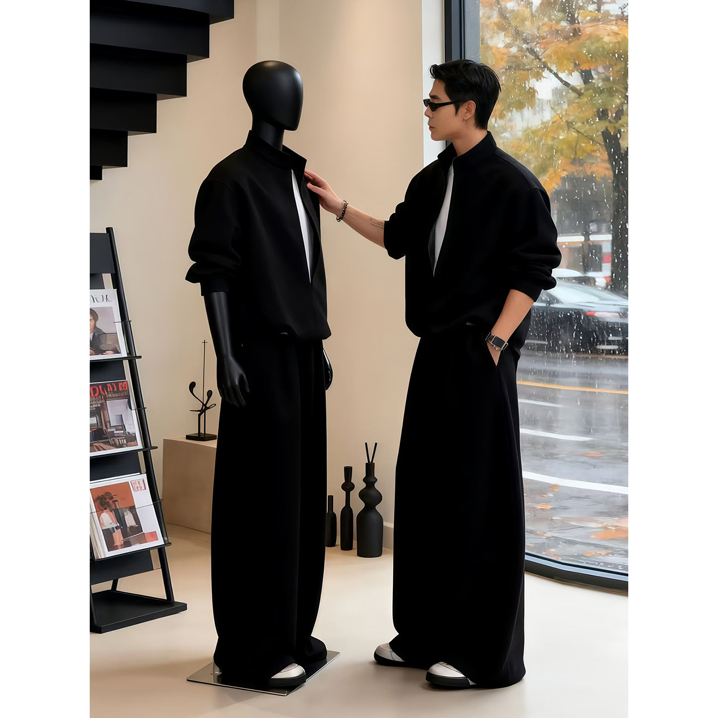 高端假两件立领宽松卫衣男春秋季