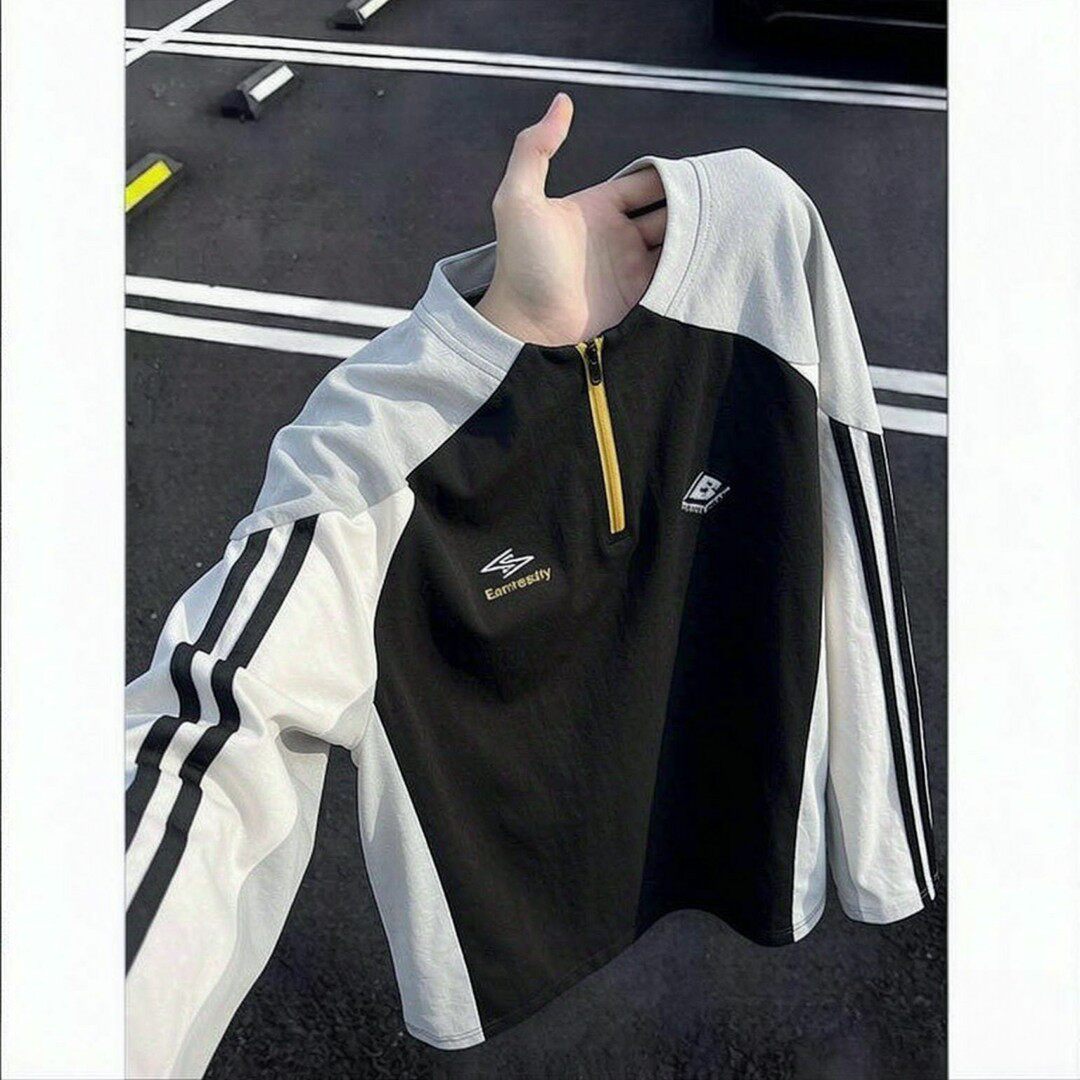 特大码300斤半拉链撞色长袖t恤男秋季山系户外骑行训练服运动上衣