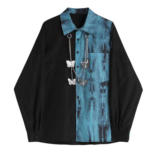 大码300斤撞色链条长袖衬衫男ins