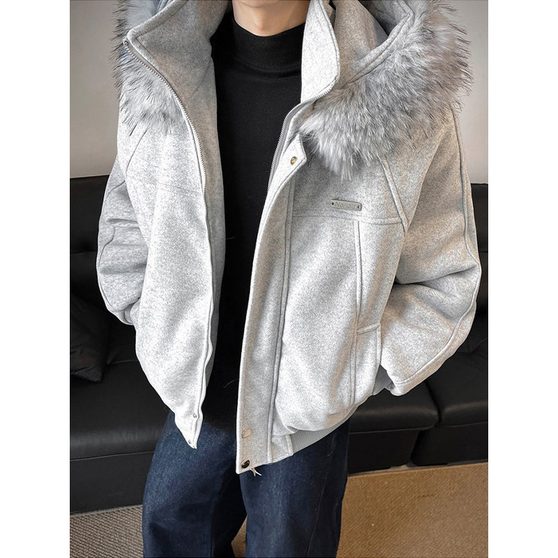 特大码300斤毛领连帽棉服男款冬季保暖毛呢外套美式痞帅宽松棉衣2