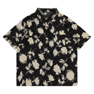 大码300斤港风chic复古花卉满印短袖衬衫男夏季宽松情侣休闲衬衣2