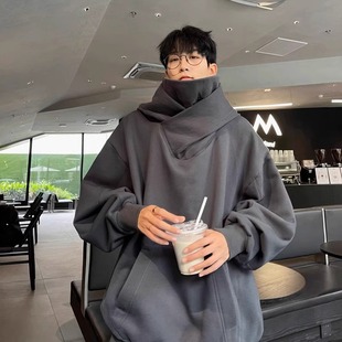 特大码300斤假两件社恐卫衣男女装秋冬季高领连帽衫纯色重磅外套2