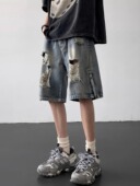 特大码 美式 300斤破洞牛仔短裤 夏装 男款 夏季 高街拉链开叉宽松中裤