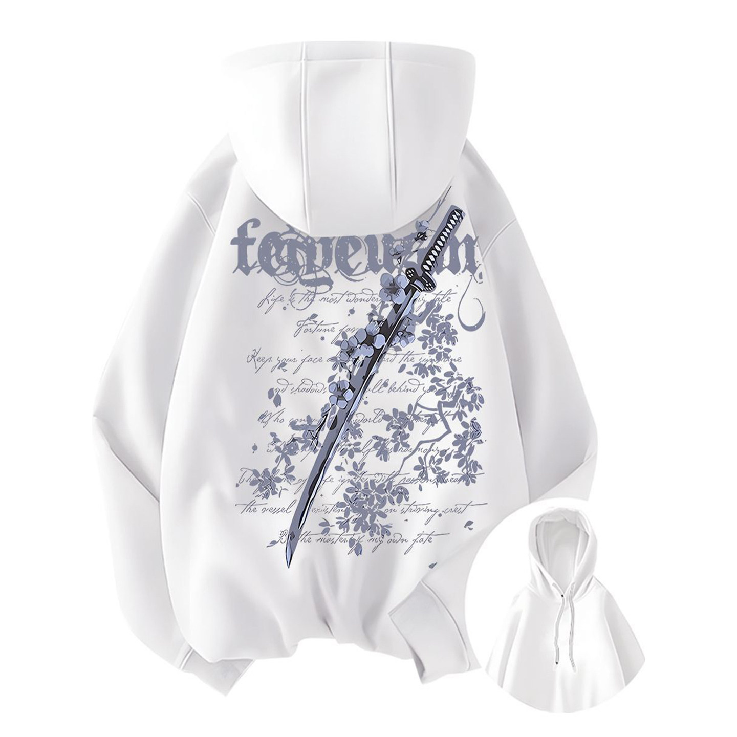 大码300斤潮牌vintage设计感樱花剑印花连帽卫衣重磅高街ins男女 - 佰堡绒旗舰店出品