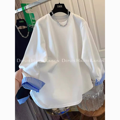 大码300斤假两件衬衫拼接长袖T恤