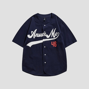 男夏季 复古棒球服衬衫 薄款 圆弧下摆开衫 衬衣潮2 大码 短袖 300斤美式