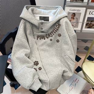 特大码300斤秋冬加绒可爱猫爪字母连帽卫衣男女美式休闲开衫外套2