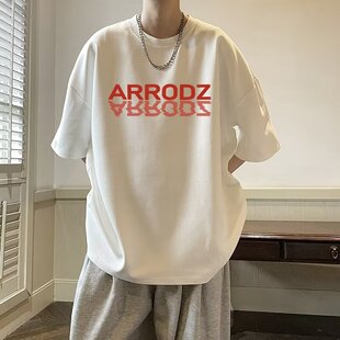 大码300斤正肩t恤高级感倒影字母印花短袖高街男夏季纯棉重磅上衣