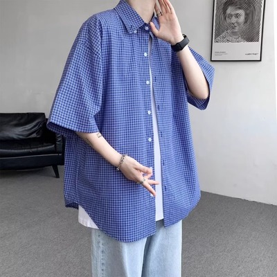 大码300斤复古蓝色格子短袖衬衫